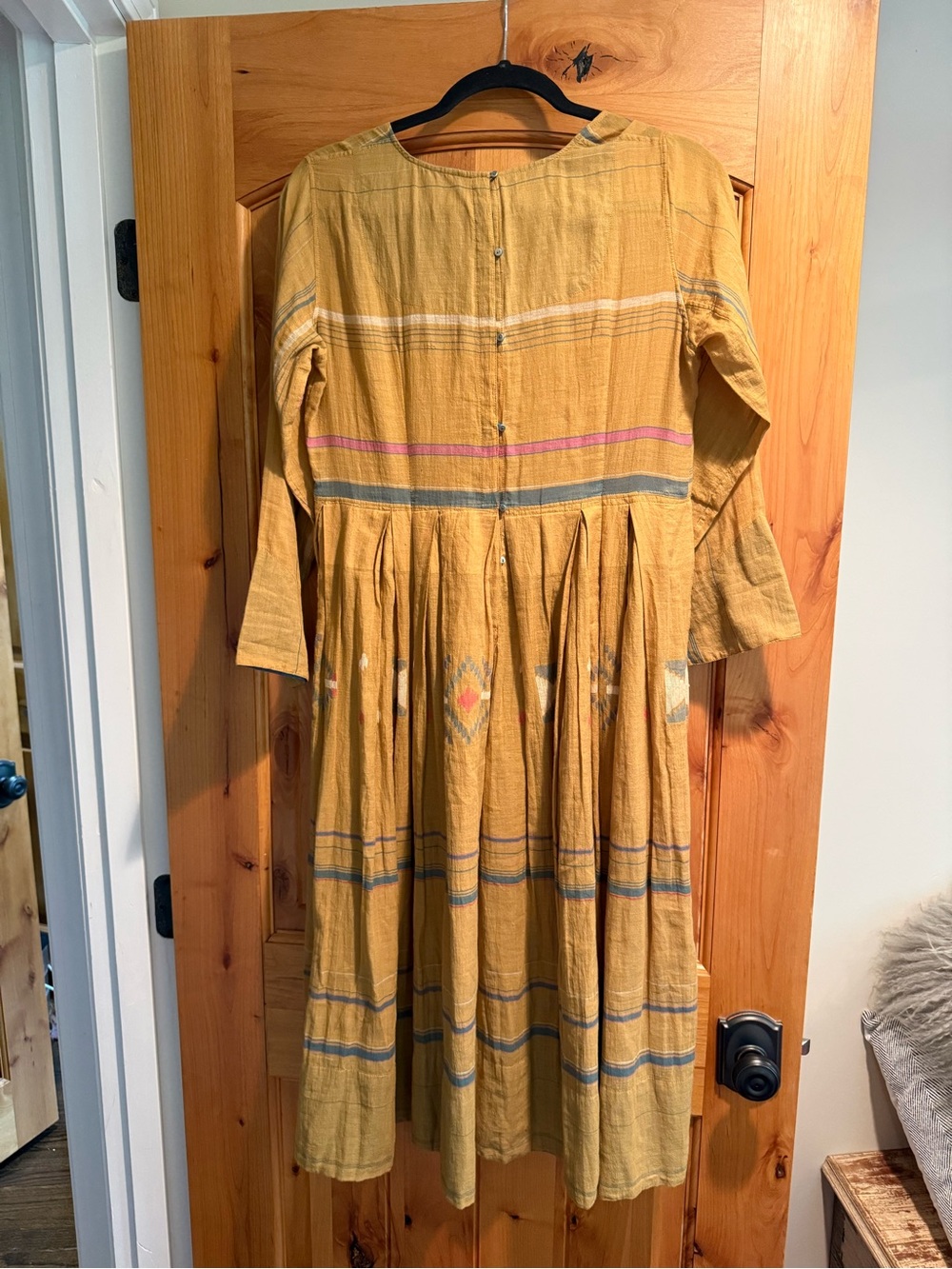 Ingiri Gold 100% Cotton Midi Dress with Subtle Stripe Detail